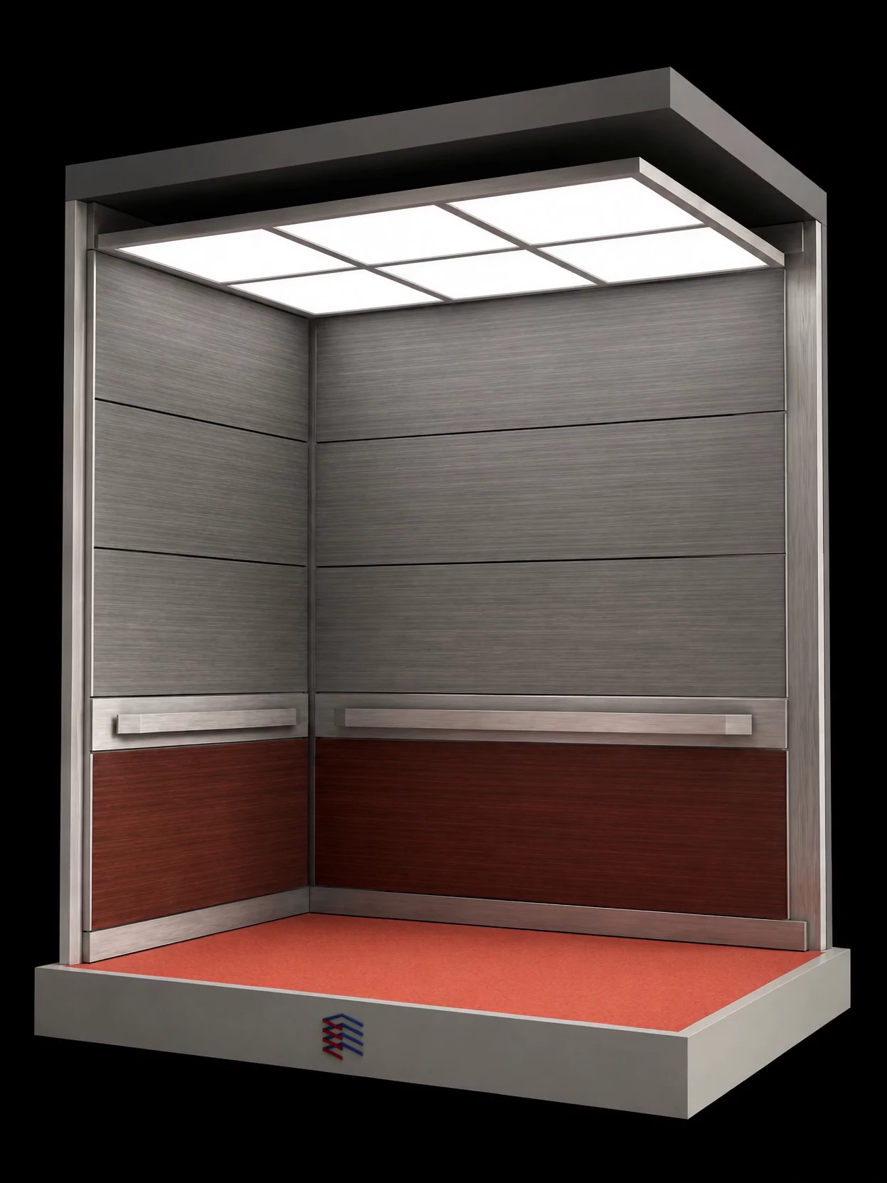 Brushed stainless cab with a red floor and deep-red lower panels under a luminous panel ceiling