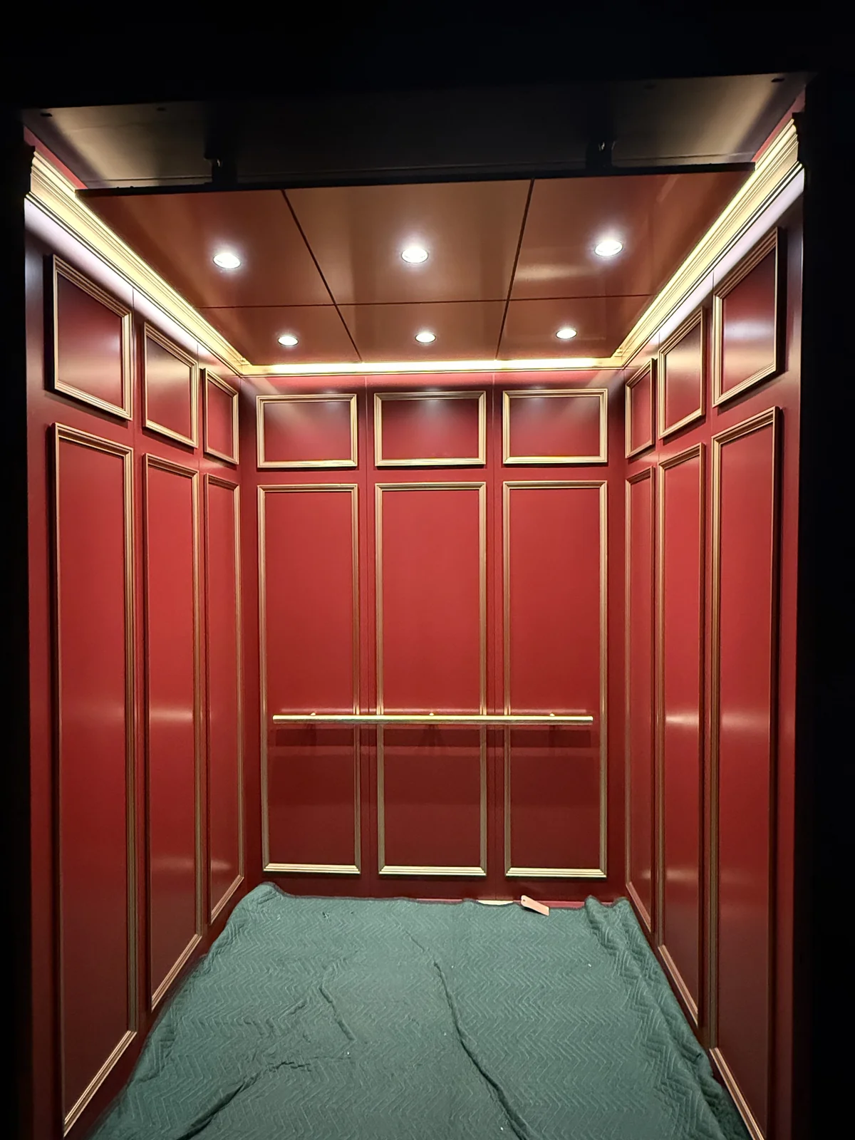 Light oak-paneled elevator cab with stainless reveals, dual handrails, and a wood-look floor